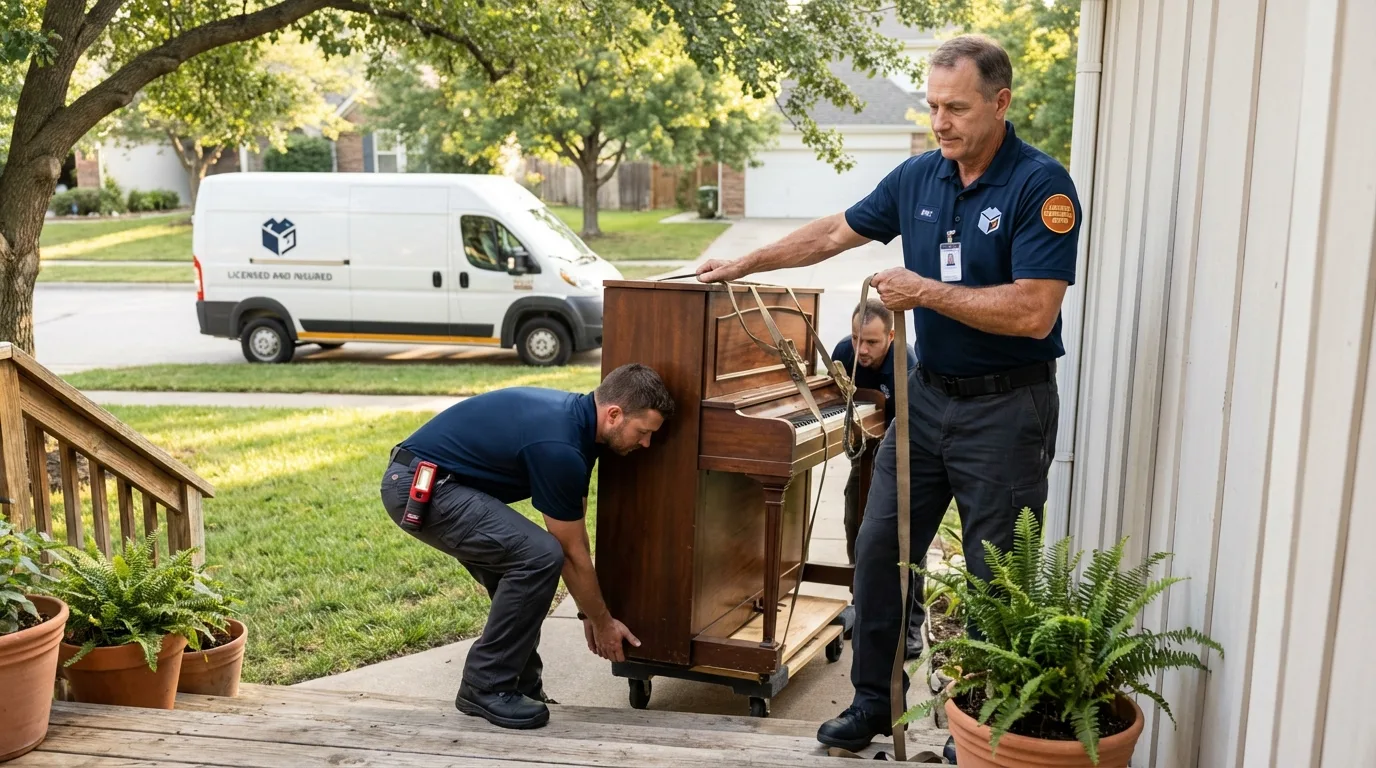 Licensed piano movers securing grand piano in DeFuniak Springs, FL