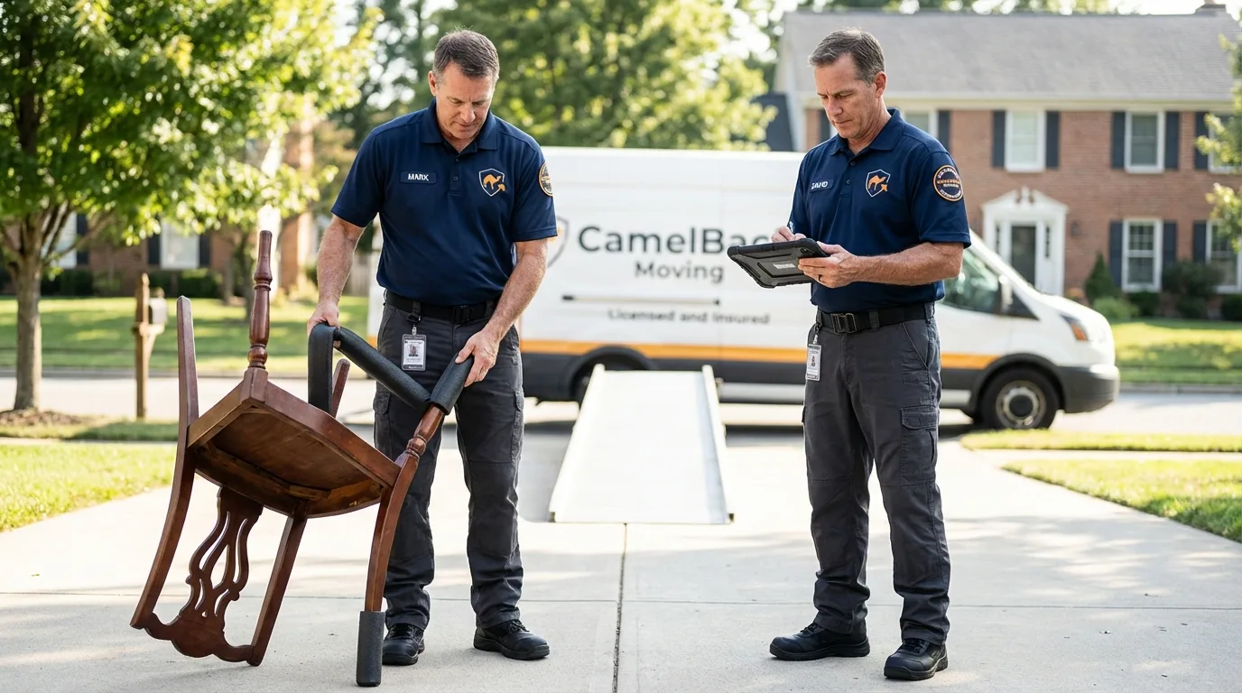 Movers inspecting furniture for damage prevention before loading in DeFuniak Springs, FL