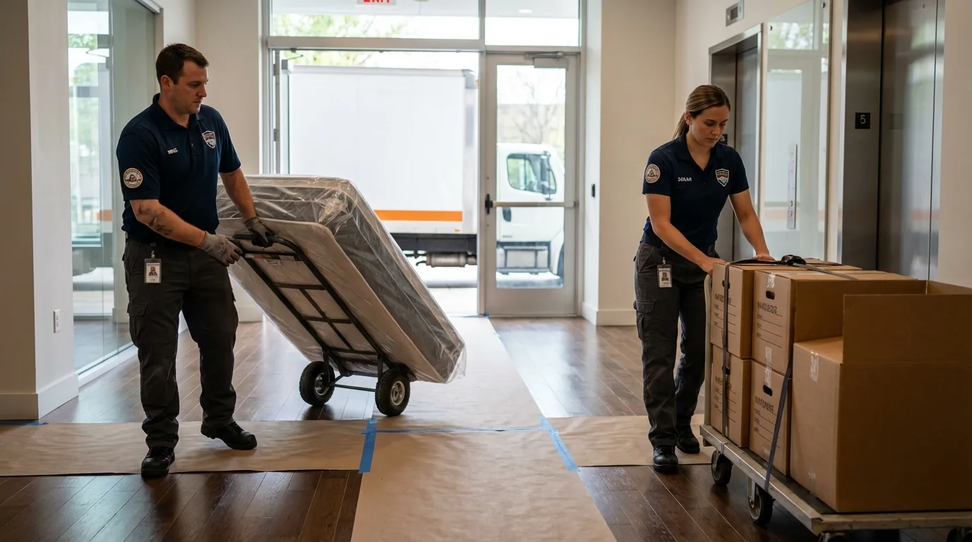 Professional apartment movers loading elevator in DeFuniak Springs, FL