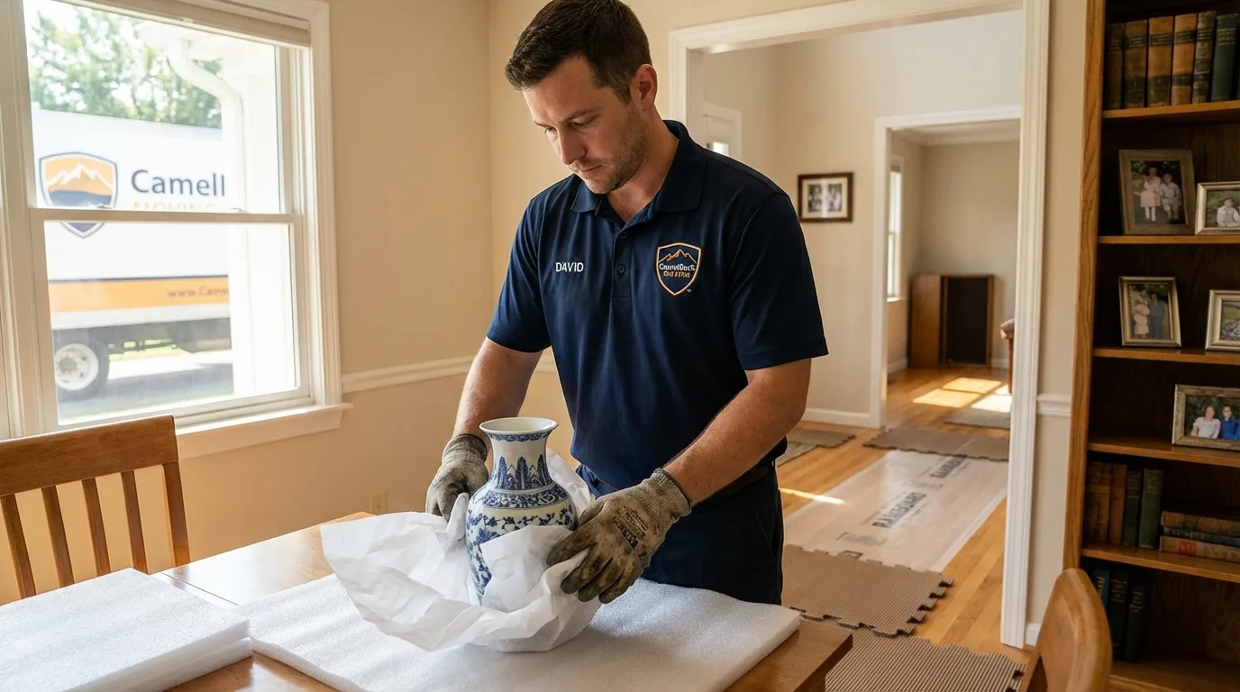 Professional crew carefully wrapping antique vase for senior downsizing move in DeFuniak Springs, FL